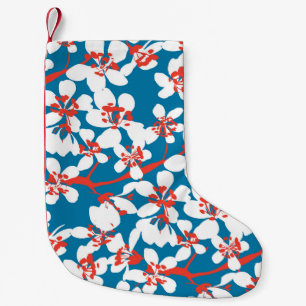 Calcetín Navideño Pequeño Sakura blanca, patrón de fondo azul clásico.