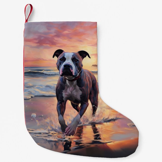Calcetín Navideño Pequeño Sandy American Staffordshire Dog on Beach Sunset (Anverso)
