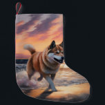 Calcetín Navideño Pequeño Sandy Paws Akita Dog en Beach Sunset<br><div class="desc">Sumérjase en la tranquila belleza de nuestro perro "Sandy Paws and Sunset Hues" en el diseño de la puesta de sol en la playa. Esta escena cautivadora capta la esencia de una velada perfecta en la orilla, con un compañero fiel canino disfrutando de la arena dorada y los tonos impresionantes...</div>