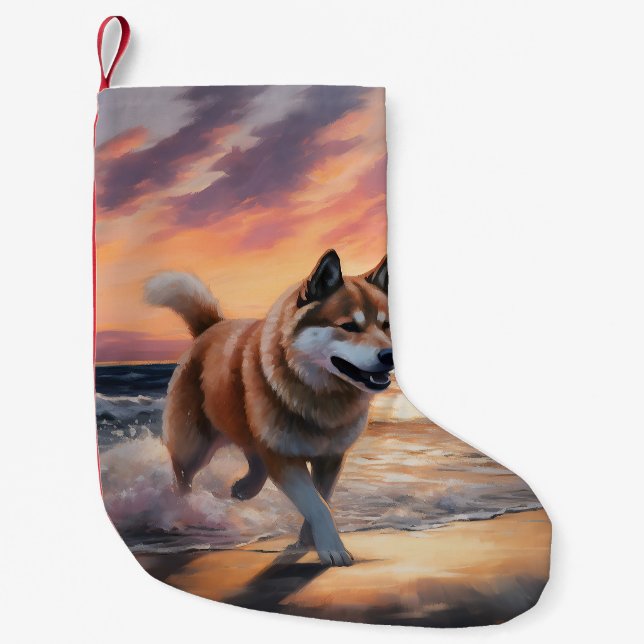 Calcetín Navideño Pequeño Sandy Paws Akita Dog en Beach Sunset (Anverso)