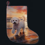 Calcetín Navideño Pequeño Sandy Paws Bichon Frise Dog en Beach Sunset<br><div class="desc">Sumérjase en la tranquila belleza de nuestro perro "Sandy Paws and Sunset Hues" en el diseño de la puesta de sol en la playa. Esta escena cautivadora capta la esencia de una velada perfecta en la orilla, con un compañero fiel canino disfrutando de la arena dorada y los tonos impresionantes...</div>