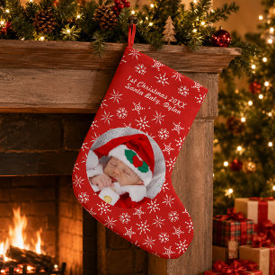 Calcetín Navideño Pequeño Santa bebé con foto personalizada Copo de nieve y