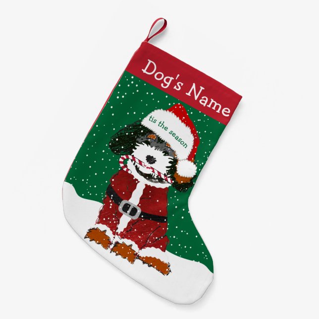 Calcetín Navideño Pequeño Santa Bernedoodle personalizada (Frente (Colgado))