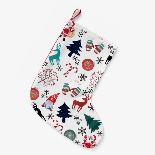 Calcetín Navideño Pequeño Santa Claus Reindeer Pine Trees Mittens (Frente (Colgado))