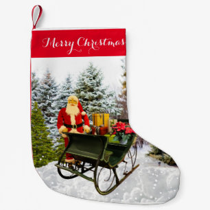 Calcetín Navideño Pequeño Santa Claus y trineo vintage / Retro