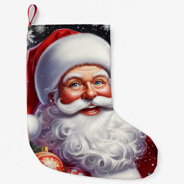 Calcetín Navideño Pequeño Santa con regalo y adornos (Anverso)