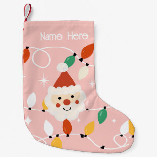 Calcetín Navideño Pequeño Santa Cuta Retro con luces de hadas rosadas