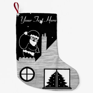 Calcetín Navideño Pequeño Santa cutánea con saco en el techo blanco y negro
