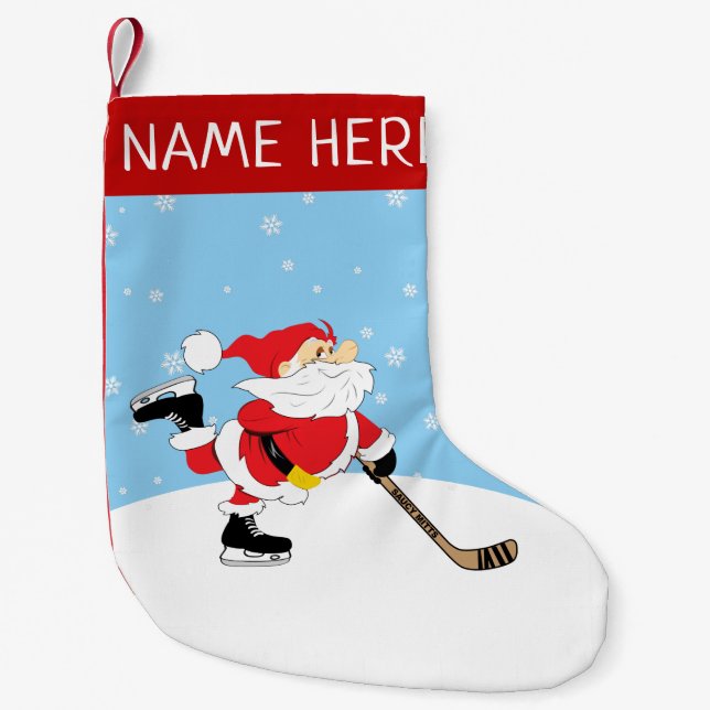 Calcetín Navideño Pequeño Santa de Hockey Personalizado (Anverso)