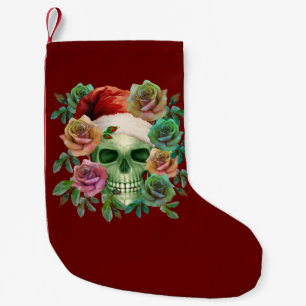 CALCETÍN NAVIDEÑO PEQUEÑO SANTA DIVERTIDO CALAVERA VERDE Y FLORAL DE NAVIDAD
