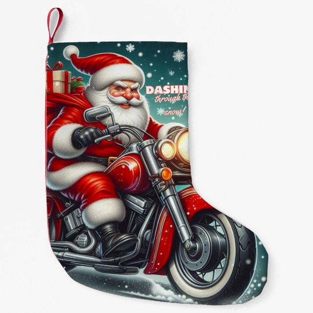 Calcetín Navideño Pequeño Santa en motocicleta (Anverso)