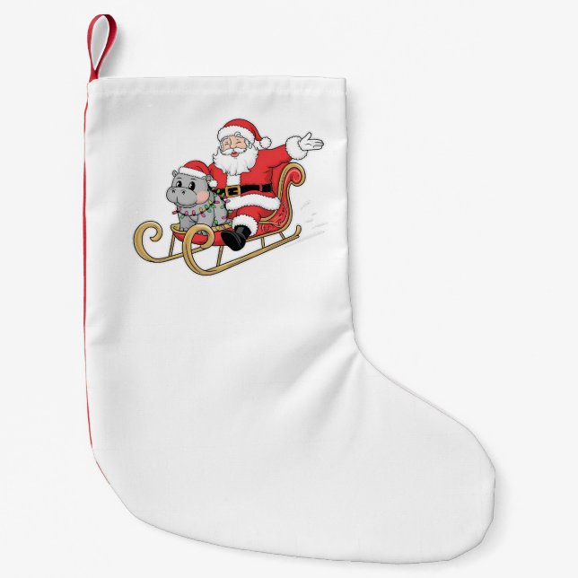 Calcetín Navideño Pequeño Santa Riding Sleigh con un bebé moo deng Hippo (Anverso)