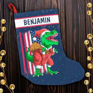 Calcetín Navideño Pequeño Santa T Rex divertido azul de Navidad Tyrannosauru