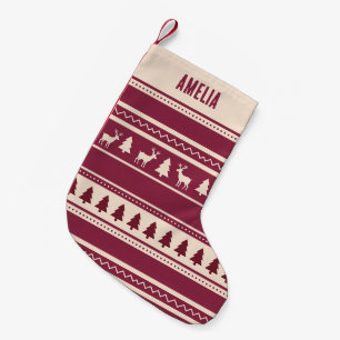 Calcetín Navideño Pequeño Scandi Fair Isle Nombre personalizado rojo