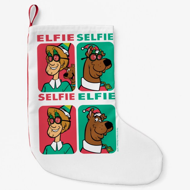 Calcetín Navideño Pequeño Scooby-Doo y Shaggy "Elfie Selfie" (Anverso)