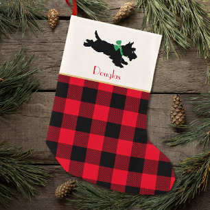 Calcetín Navideño Pequeño Scottie Dog Custom Name Buffalo Plantado rojo