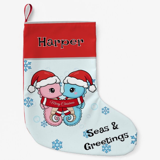 Calcetín Navideño Pequeño Seahorse Couple Personalized Christmas Stocking (Anverso)