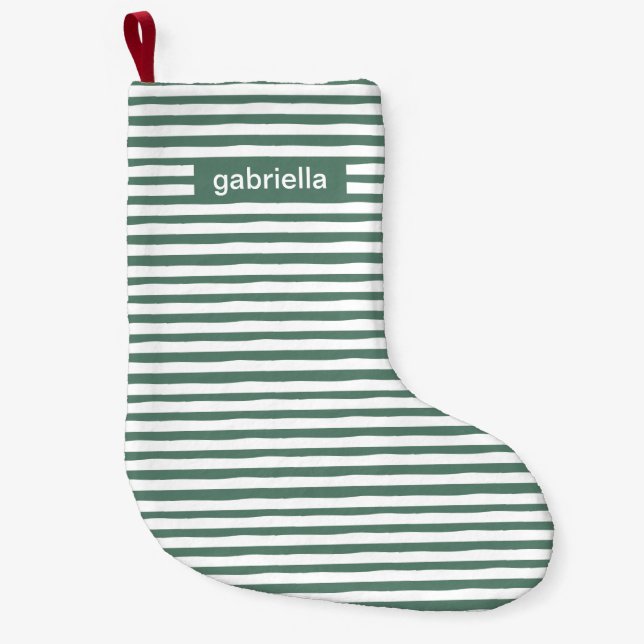 Calcetín Navideño Pequeño Sencillas bandas verdes con nombre (Anverso)