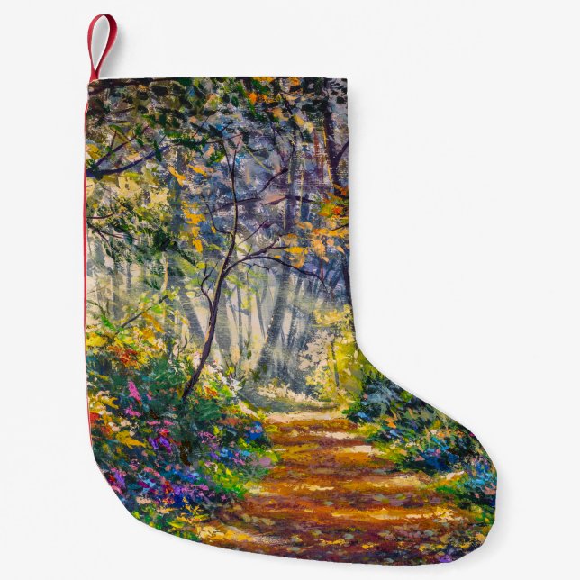 Calcetín Navideño Pequeño Sendero Impresionista: Acuarela de bosque soleado (Anverso)