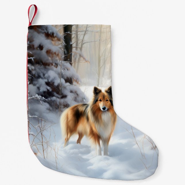 Calcetín Navideño Pequeño Shetland Sheepdog Deja Que Nieva Navidades (Anverso)