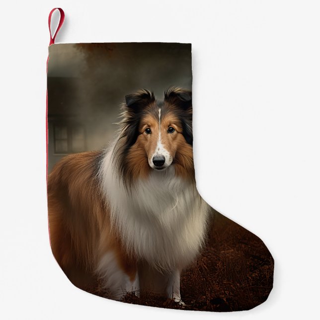 Calcetín Navideño Pequeño Shetland Sheepdog Halloween Scary (Anverso)