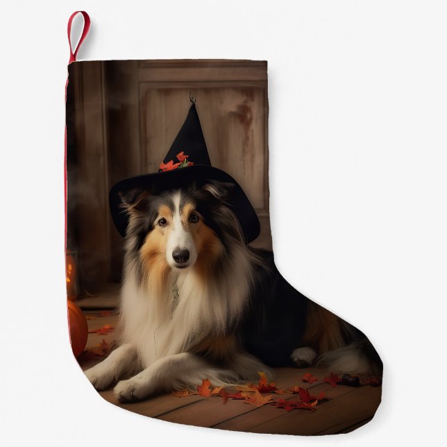 Calcetín Navideño Pequeño Shetland Sheepdog Pumpkins Halloween Scary (Anverso)
