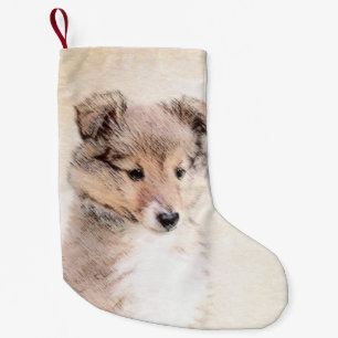 Calcetín Navideño Pequeño Shetland Sheepdog Puppy Pintura Original Perro Art