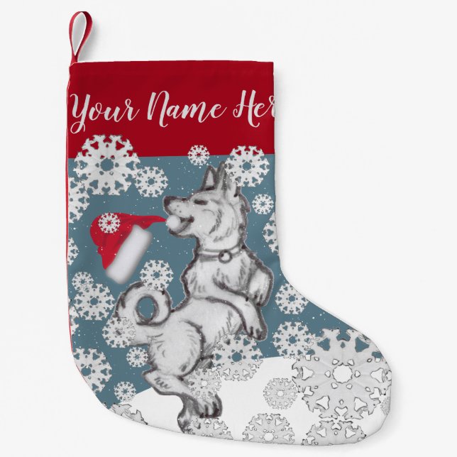 Calcetín Navideño Pequeño Shiba Inu Perro Santa Hat Blue Winowflakes (Anverso)