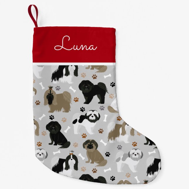Calcetín Navideño Pequeño Shih Tzu Perro garras y huesos (Anverso)