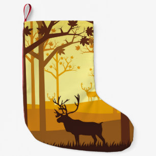 Calcetín Navideño Pequeño Silhouette caribú en el bosque en el mar de otoño