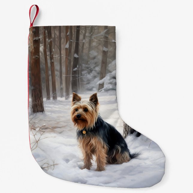 Calcetín Navideño Pequeño Silky Terrier deja que nieve Navidades (Anverso)