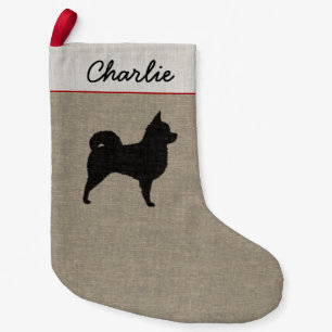 Calcetín Navideño Pequeño Silueta de pelo largo de la chihuahua con el texto