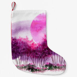 Calcetín Navideño Pequeño silueta rosa y púrpura de árboles en el fondo