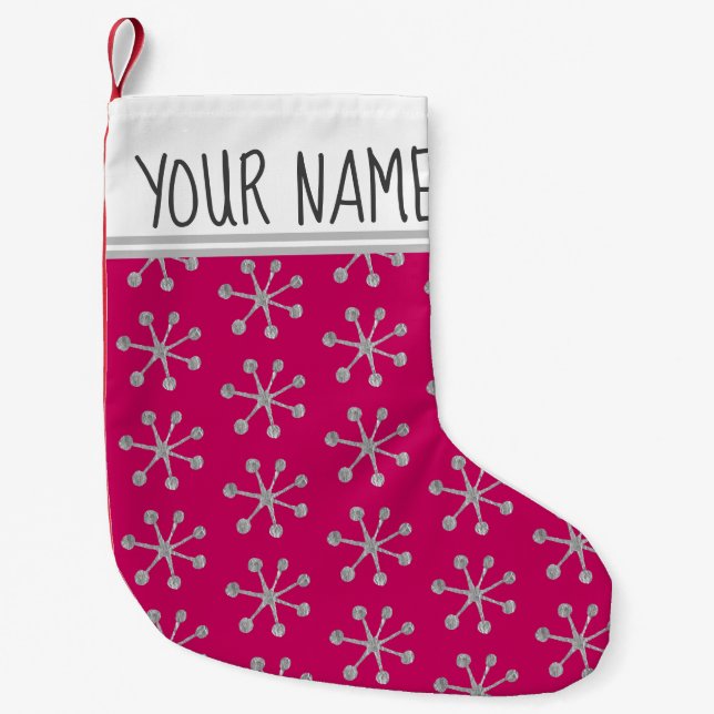 Calcetín Navideño Pequeño Silver Snowflakes Winter Custom Name (Anverso)