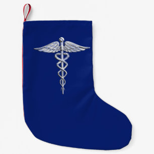 Calcetín Navideño Pequeño Símbolo médico cromado de color plata en azul mari