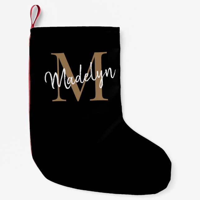Calcetín Navideño Pequeño Simple Black Gold Monograma Elegante Girly Script (Anverso)