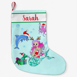 Calcetín Navideño Pequeño Sirena de Navidad Abriendo Regalos