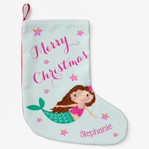 Calcetín Navideño Pequeño Sirena de Navidad Rosa Turquesa Personalizada
