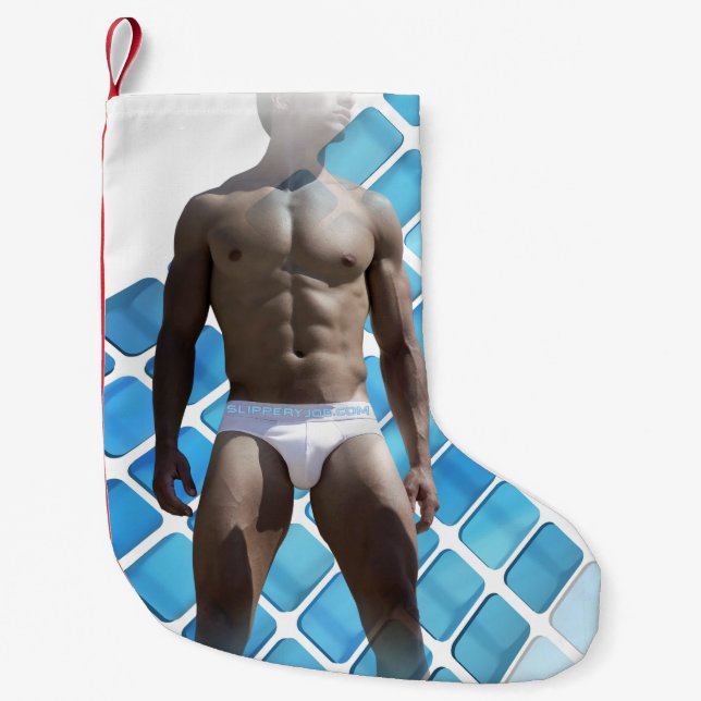 Calcetín Navideño Pequeño SlipperyJoe hombre muscular seis empates abs macho (Anverso)