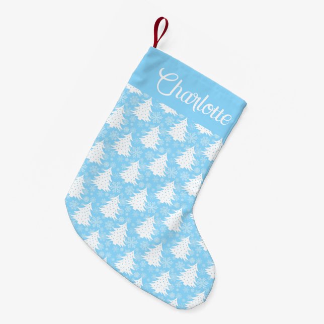 Calcetín Navideño Pequeño Snowflake, árbol navideño de invierno azul persona (Frente (Colgado))