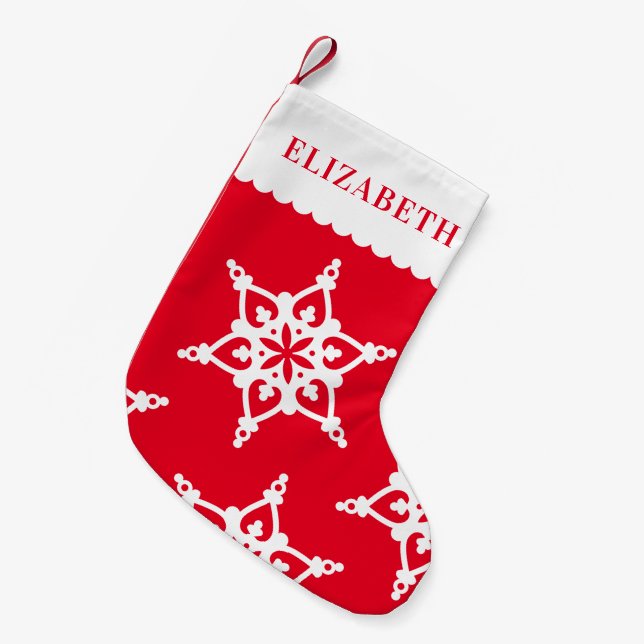 Calcetín Navideño Pequeño SNOWFLAKE moderno lindo patán blanco sobre rojo (Frente (Colgado))