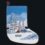 Calcetín Navideño Pequeño Snowy Winter Scene<br><div class="desc">Un navidad lleno de una hermosa escena invernal con montañas nevadas,  cabaña rústica y verduras cubiertas de nieve. La imagen y el texto se pueden personalizar. También tiene la opción de borrar el texto. Obra de arte original de W.B.</div>