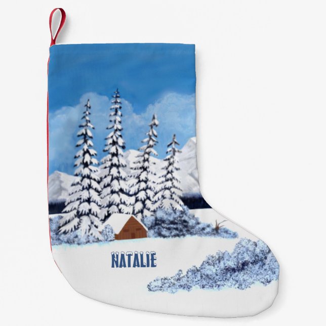 Calcetín Navideño Pequeño Snowy Winter Scene (Anverso)