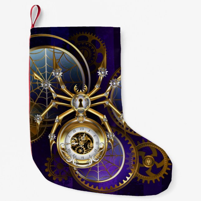 Calcetín Navideño Pequeño Spider Steampunk sobre fondo morado (Anverso)