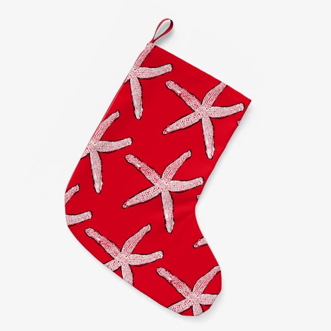 Calcetín Navideño Pequeño Starfish Pattern Beach Navidades blancos rojos 202 (Frente (Colgado))