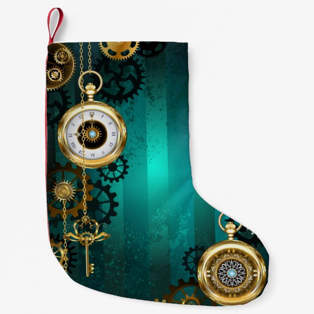 Calcetín Navideño Pequeño Steampunk Jewelry Watch sobre un fondo verde (Anverso)