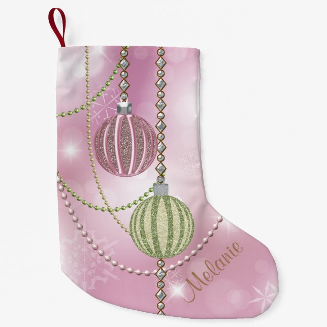 Calcetín Navideño Pequeño Suavemente rosa y falsas bolas verdes del (Anverso)