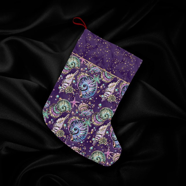 Calcetín Navideño Pequeño Subacuático Purple Luxe | Dark Pastel Gold Sea Lif (Subido por el creador)