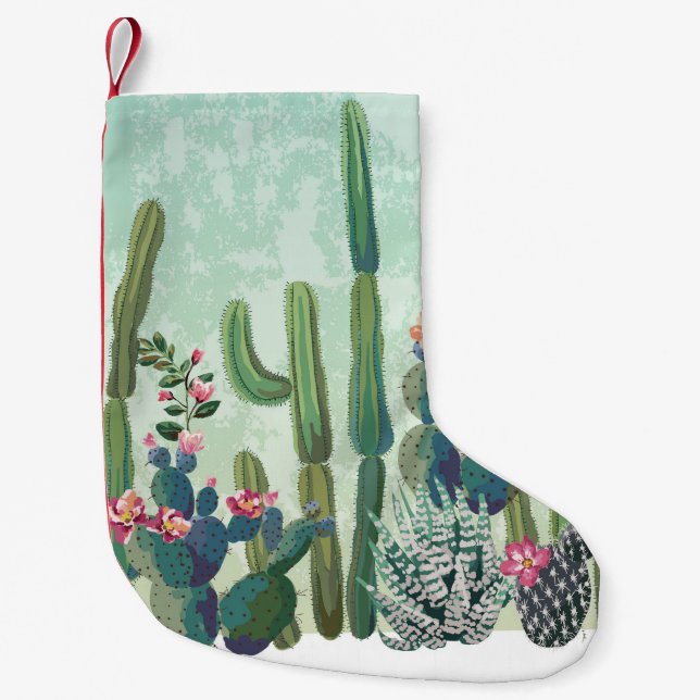 Calcetín Navideño Pequeño Suculentos: patrón de cactus vintage (Anverso)