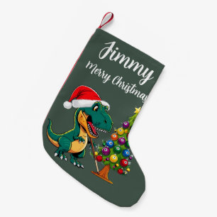 Calcetín Navideño Pequeño T-rex con sombrero santa verde